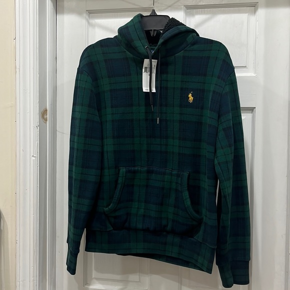 POLO RALPH LAUREN • BOY’S FLEECE BLACKWATCH PLAID HOODIE • green sherpa blue - Picture 6 of 9